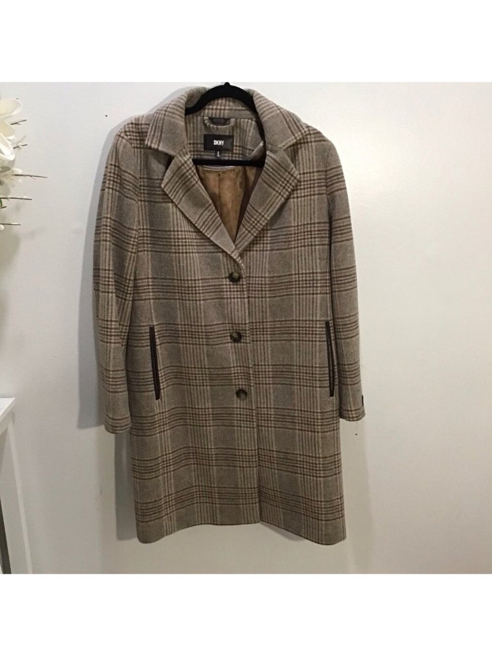 DKNY Women’s Plaid Wool Blend Long Coat Size M Beige Brown Classic